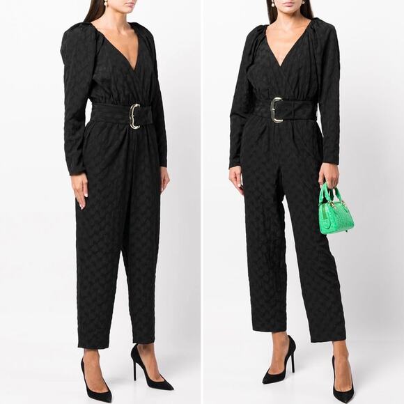 TANYA TAYLOR Talisia Straight Leg Belted Jumpsuit Black Long Sleeve V Neck NEW - Picture 4 of 13